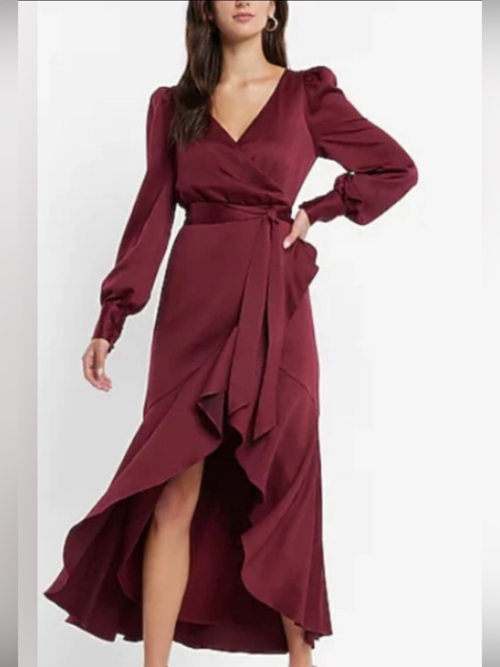 NWT Express Burgundy Long Sleeve Satin 
Wrap Ruffle Maxi Dress XL